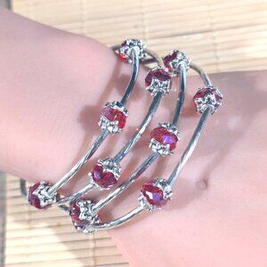 Red Faceted Crystal Rondelle Beads Silver Metal Handcrafted Wrap Bracelet